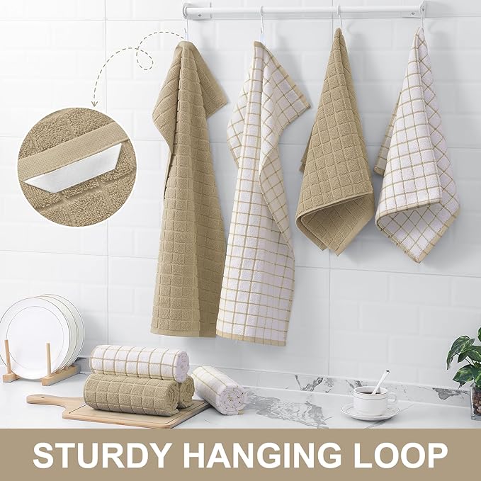 Homaxy Premium Cotton Kitchen Towels 16"x 28", Large Natural Ring Spun 390 GSM Dish Towels, Super Absorbent Terry Kitchen Hand Towels, Soft Tea Towels with Hanging Loop, Tan Check Design, 8 Pack