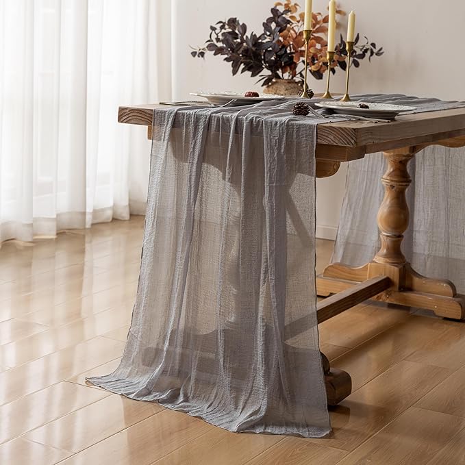 Keketoarrange 6pcs Grey Gauze Rustic Cheesecloth Table Runner 120 Inch 10 FT for Wedding Baby Shower Bridal Shower Birthday Engagement Garden Outdoor Party Long Sheer Boho Decorations