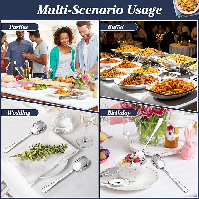 Mwellewm 18Pcs Serving Utensils, Serving Spoons for Buffet, Serving Tongs for Food, Large Slotted Spoons, Stainless Steel Banquet Cutlery Set for Parties Weeding Birthday Entertaining Catering(Silver)