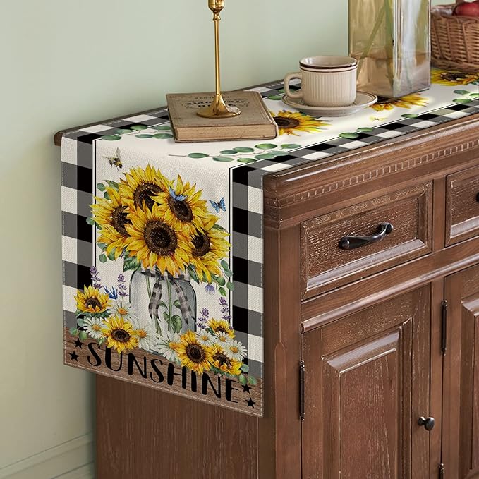 Sunflower Table Runner Summer Decorations for Home, Sunflower Kitchen Decor Dining Table Decor for Seasons Farmhouse Home Party Indoor Outdoor 13x72 in