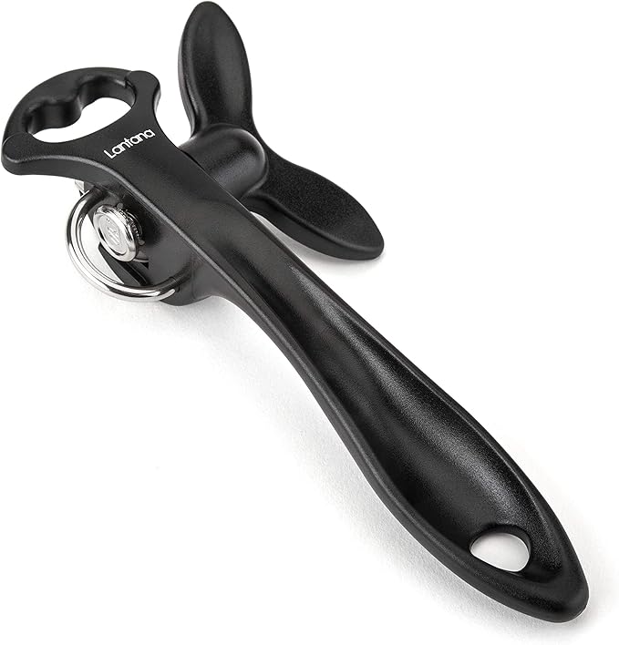 Lantana Smooth Edge Can Opener with Bottle Cap Lifter - Hand Held Manual Safety Tin Opener - Black/Stainless Steel
