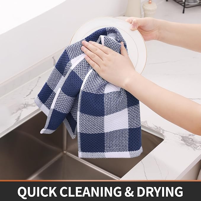 Homaxy Kitchen Towels and Dishcloths Set, 12 x 12 and 13 x 28 Inches, Set of 10 100% Cotton Waffle Weave Check Plaid Kitchen Dish Towels, Super Soft and Absorbent Dish Cloths, White & Navy Blue