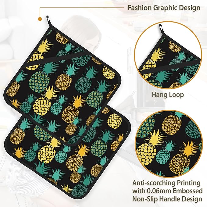 Tropical Pineapples Pot Holder Set of 2,Heat Resistant Potholders Oven Hot Pads for Kitchen Cooking Baking BBQ