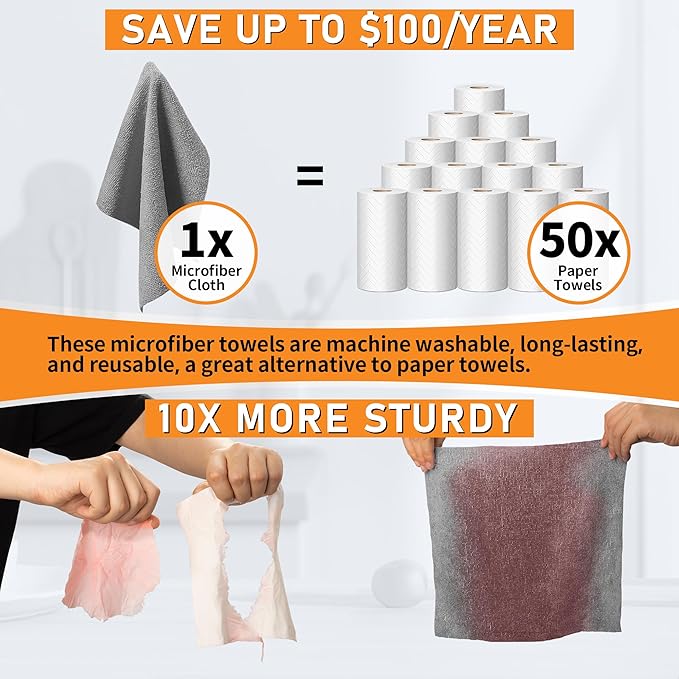 Microfiber Cleaning Cloth Roll, 75 Pack Tear Away Microfiber Towels, Reusable Washable Shop Towels, Lint Free Cleaning Rags for Car, Home, Garage & Workshop 11.5"x11.5" Grey