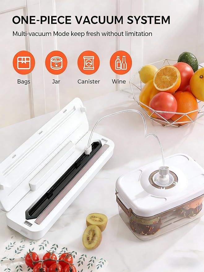 Vacuum Sealer Machine 75KPa Food with 6-in-1 Dry/Moist Modes & Digital Timer, Compact Lightweight Design, Built-in Cutter + 10 Bags (white)