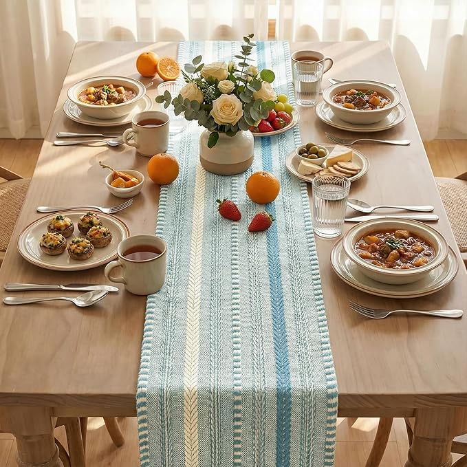 Artoid Mode Sky Blue Farmhouse Woven Table Runner, Seasonal Holiday Rustic Kitchen Dining Table Decoration for Home Party Decor 12x72 Inch