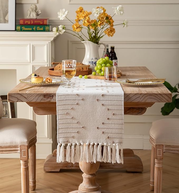 Boho Table Runner 13 x 72 Inch Long Natural Cotton Woven Runner with Tassels for Home Dining Table décor, for Modern Farmhouse Decor Coffee Table Runner, Taupe and Beige
