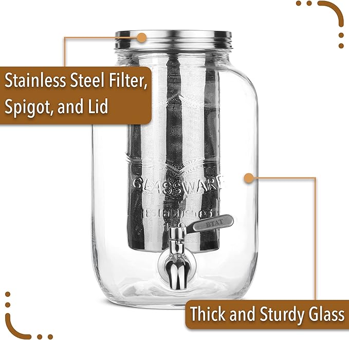 BTaT- 1 Gallon Cold Brew Coffee Maker, Thick Glass Pitcher with Stainless Steel Filter, Lid & Spigot, Iced Coffee & Sun Tea Brewer, Large Mason Jar Cold Brew Container, Fast Iced Tea Maker for Fridge