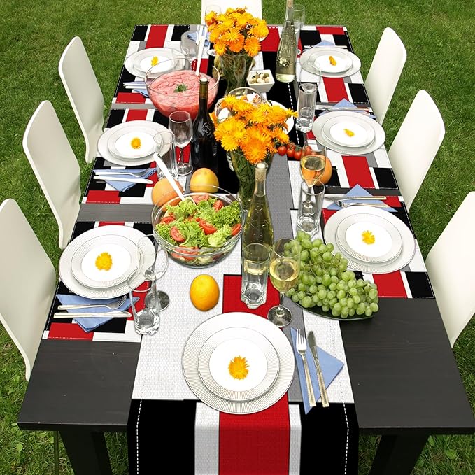 ArtSocket Geometric Table Runner and Placemats Set of 6, Red Black Grey Abstract Painting Art Dining Decor for Daily Use(1 Table Runner 72 inches Long and 6 Placemats)