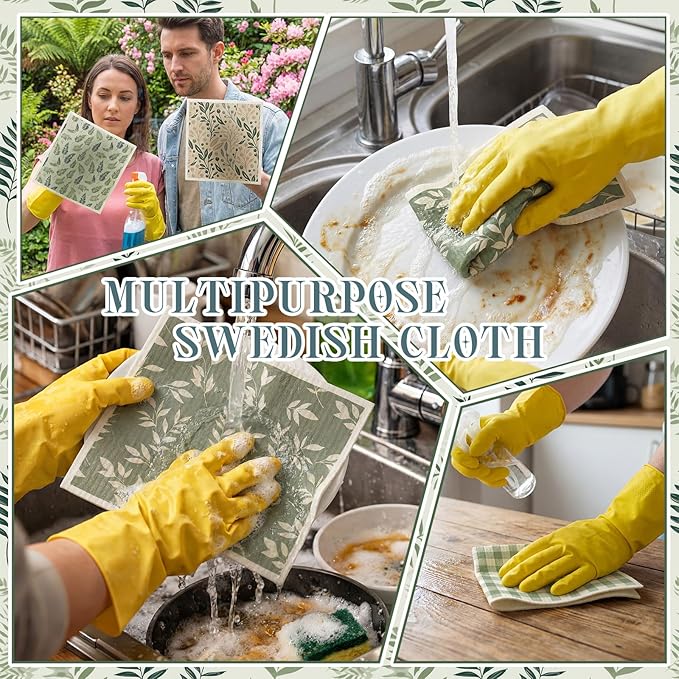 Tegeme 8 Pcs Sage Green Swedish Dishcloth Kitchen Spring Greenery Flowers Swedish Dish Towel Absorbent Cotton Reusable Kitchen Towels for Home Party Housewarming Cleaning Counter Wipes, 6.8 x 7.7''