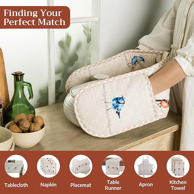 Maison d' Hermine Double Oven Mitts 100% Cotton 7"x35" Double Oven Mitt Heat Resistant BBQ Cooking Gloves with Loop Baking Grilling Gifts for Mothers Day Spring Summer (Birdies on Wire)