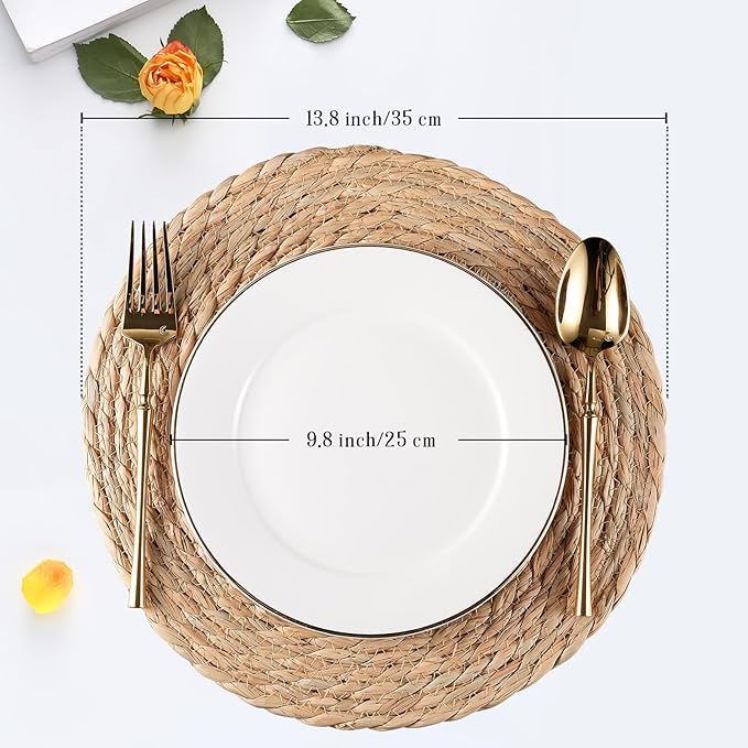 Round Woven Placemats Set of 8, Natural Water Hyacinth Place mats, Rattan Placemats Wicker Placemats Farmhouse Boho Braided Heat Resistant Outdoor Placemat Patio Table Place Mats (13.5 inch Set of 8)