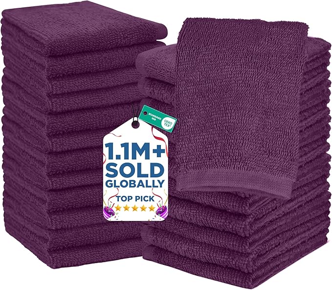 DAN RIVER 24 Pack Wash Cloths for Showering [12x12] - 100% Cotton Washcloths Premium Quality Flannel Face Cloths for Bathroom, Highly Absorbent and Soft Feel Wash Clothes, Purple Passion