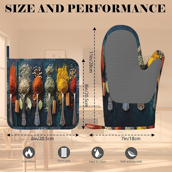 Various Herbs and Spices Oven Mitts and Pot Holders Sets Non-Slip Silicone Surface for BBQ Gloves,Kitchen,Cooking,Baking,Grilling