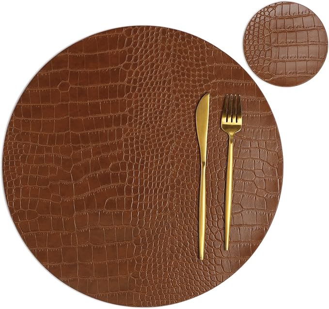 Round Leather Placemats for Round Tables Set of 8, Brown Table Place Mats and Coasters, Washable Easy to Care for Indoor Decor 13" Diameter