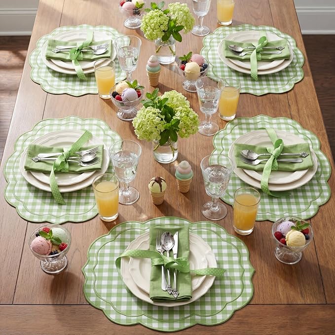 Breling Set of 6 Green Gingham Placemats Scalloped Embroidered Cotton Linen Placemats 17" x 13" Double Layered Machine Washable Table Place Mat for Wedding Birthday Baby Shower Party Table Decor