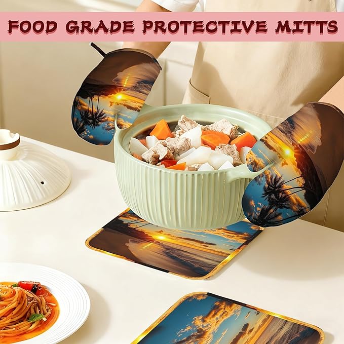 Tropical Palm Oven Mitts and Pot Holders (4PCS),Sunset Trees Sea Beach Heat Resistant Non-Slip Silicone Kitchen Gloves for Cooking, Baking, BBQ Waterproof Kitchen Accessories