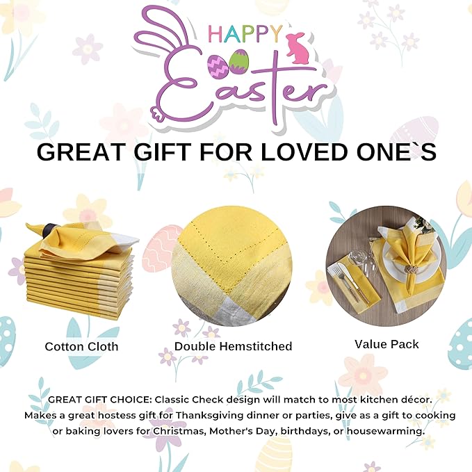 Bedding Craft Cotton Cloth Napkins Set of 12 – 20x20 Yellow Multi Double Hemstitched – Machine Washable Fabric Dinner Napkins for Weddings, Parties & Table Settings