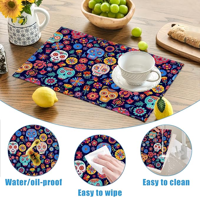 Sugar Skull Mexican Día de Los Muertos Placemats Set of 6, Halloween Washable Linen Place Mat Heat Resistant Non Slip Kitchen Dining Table Mats 12x18 Inch