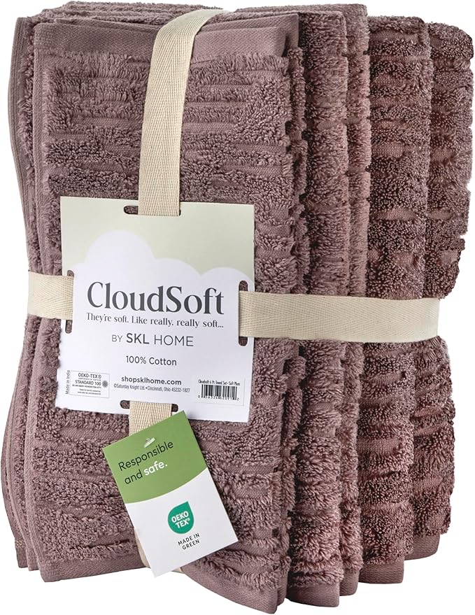 SKL Home CloudSoft 100% Cotton Luxury 6-Piece Towel Set, 600 GSM, Ultra Plush & Absorbent - 2 Bath Towels, 2 Hand Towels, 2 Washcloths, Soft Plum