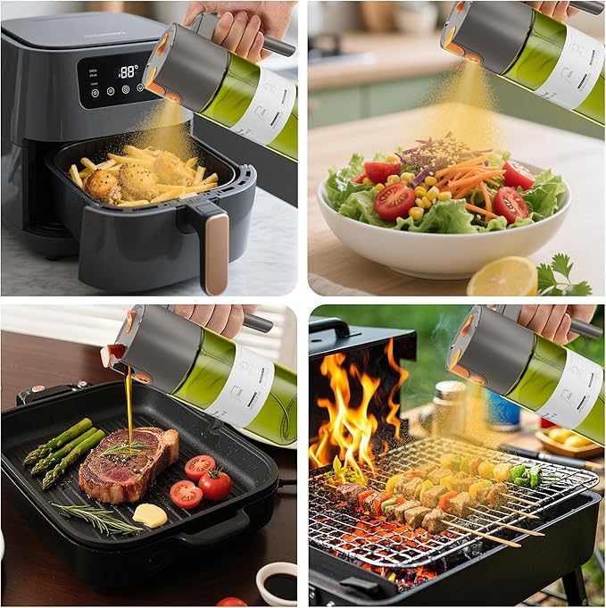 LUKUMIQI 2 in 1 Oil Sprayer for Cooking, 17oz Light-Blocking Glass Spray Bottle with Stickers, Oil Dispenser for Salad, Air Fryer & BBQ