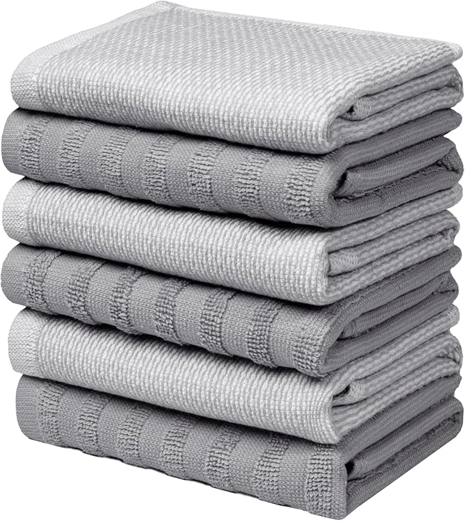 Bumble Premium Dish Cloths 13"x13" (6 Pack) | 100% Natural Ring Spun Cotton | 400 GSM | Highly Absorbent & Soft |Yarn Dyed & Solid Dyed Terry Dish Cloth Set - Grey