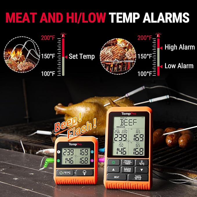 TempPro TP829 1000ft Wireless Meat Thermometer Digital for Grilling and Smoking, 4 Meat Probes Grill Thermometer for Outside Grill, BBQ Thermometer for Cooking Food Temperature (Previously ThermoPro)