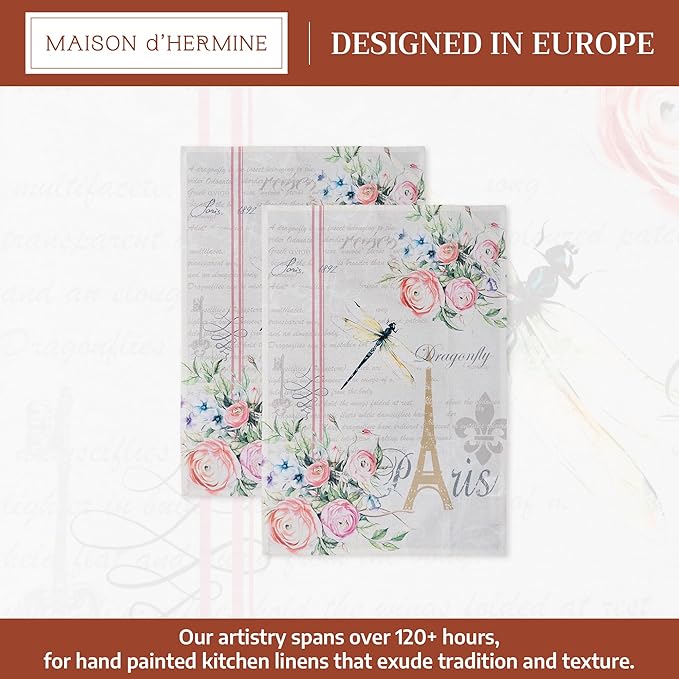 Maison d' Hermine Kitchen Towels Set of 2 100% Cotton 27.50" x 20" Reusable Cloth Tea Dish Towels Absorbent with Hanging Loop for Kitchen, Home, Dining, Cocktail Parties Spring/Summer (Champ De Mars)
