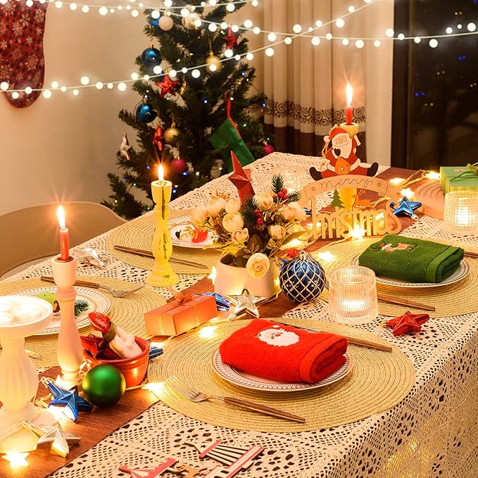 FunWheat Round Braided Placemats Set of 6 Table Mats for Dining Tables Woven Washable Non-Slip Place mats 15 inch(Shining Gold, 6pcs)