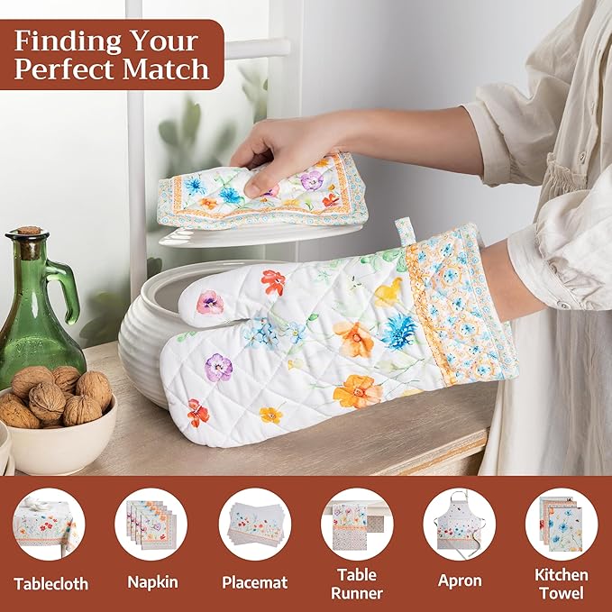 Maison d' Hermine 100% Cotton Oven Mitt & Pot Holder Set (7.5"x13" & 8"x8") Heat Resistant BBQ Cooking Gloves with Loop Baking Grilling Kitchen Gifts for Mothers Day Spring/Summer(Summer Whisper)