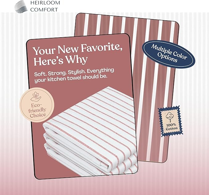 Rust Stripe Dish Towels, 3 Pack, 100% Cotton, Super Absorbent and Quick Dry, Classic Striped Kitchen Towel Set, Durable Wash Cloths for Kitchen Use, Cleaning & Drying Dishes