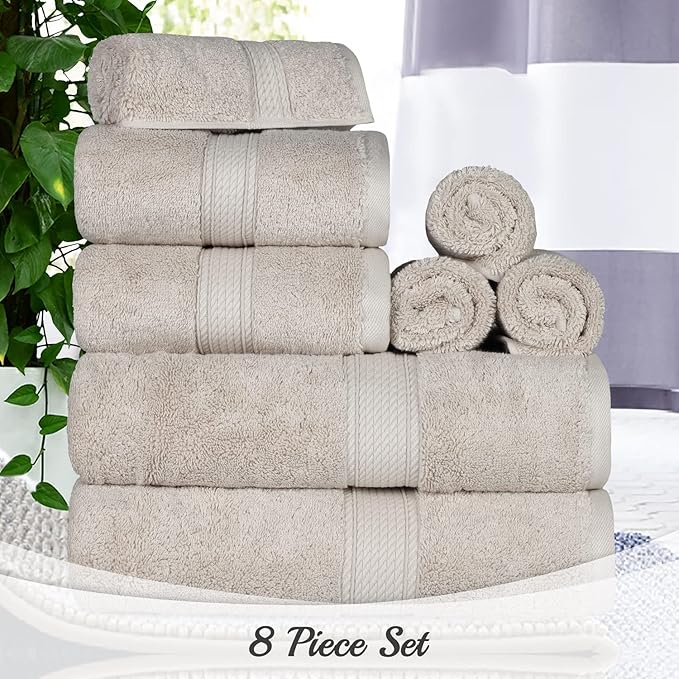 SUPERIOR Egyptian Cotton Pile 8 Piece Towel Set, Includes 2 Bath, 2 Hand, 4 Face Towels/Washcloths, Ultra Soft Luxury Towels, Thick Plush Essentials, Guest Bath, Spa, Hotel Bathroom, Stone
