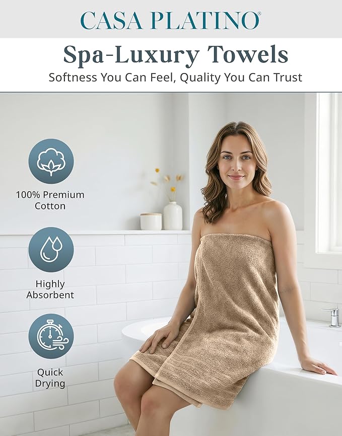 24-Piece 100% Cotton Towels and Washcloths Set – 2 Bath Sheets, 2 Bath, 2 Gym Towel, 4 Fingertip, 6 Hand, 8 Washcloths, Stays Plush After Washes, Ideal for Spa, Hotel & Family Bathrooms - Beige