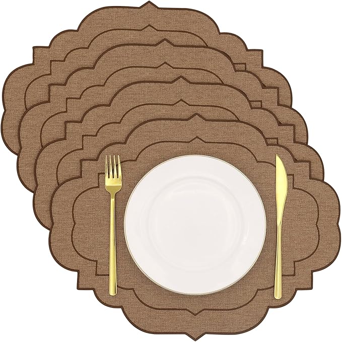 Cotton Linen Oval Placemats Set of 4, HADEEONG Table Mats Cloth Placemats, Washable Wrinkle Resistance, Scalloped & Embroidered Fabric Placemats, 17.71 x 13.77inch (Coffee, 4)