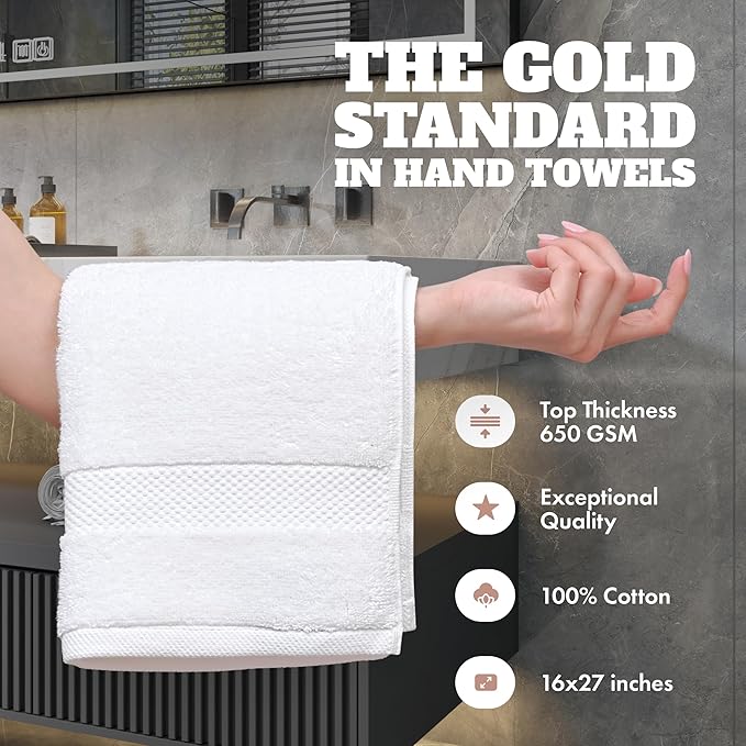 White Classic Wealuxe Cotton Hand Towels - Soft and Lightweight - 16x27 Inch - 12 Pack - Multi