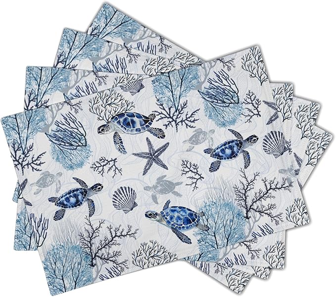 Giwawa Blue Sea Turtles Placemats Set of 4 Coastal Ocean Tortoise Coral Starfish Linen Place Mat 12"x18" Nautical Beach Themed Stain Resistant Table Mats for Kitchen Dining Season Party Decor