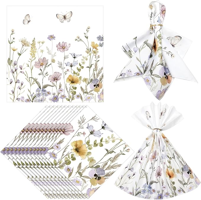 FuWeave Set of 12 Spring Wildflower Cloth Napkins Washable Decorative Dinner Cocktail Floral Napkins 20'' x 20'' Tea Party Decor for Spring Summer Bridal Shower Birthday Wedding Kitchen Supplies