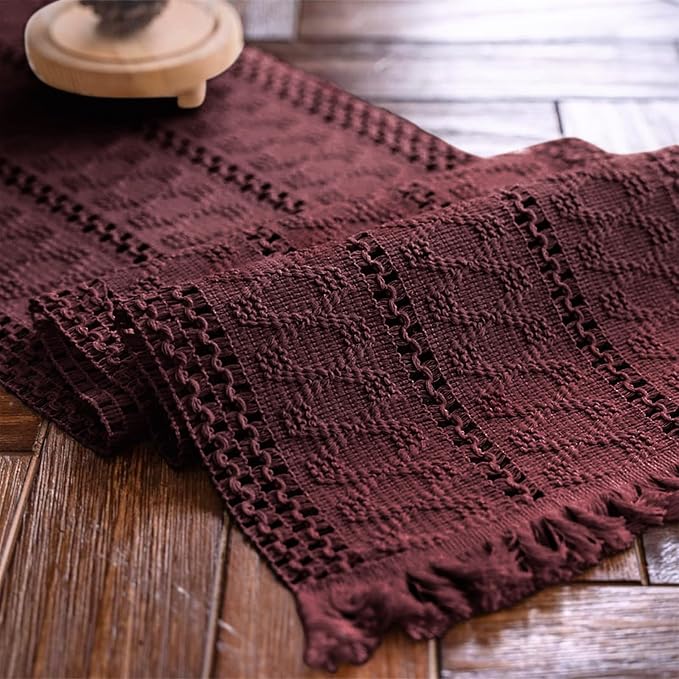 Alynsehom Macrame Table Runner Burgundy Boho Table Runners with Tassels Hand Woven Cotton Table Runner Rustic Farmhouse Table Runners for Bohemian Kitchen Dining Table(12x95in)
