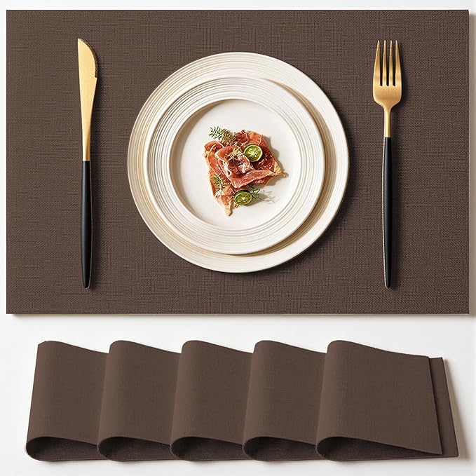 Placemats Set of 6 Linen Type Fabric Cloth Placemats, 18x12 Inch Double Layered Thick Wrinkle Free Heat Resistant Table Place, for Dining, Kitchen, Party (45 * 30cm, Dark Brown)