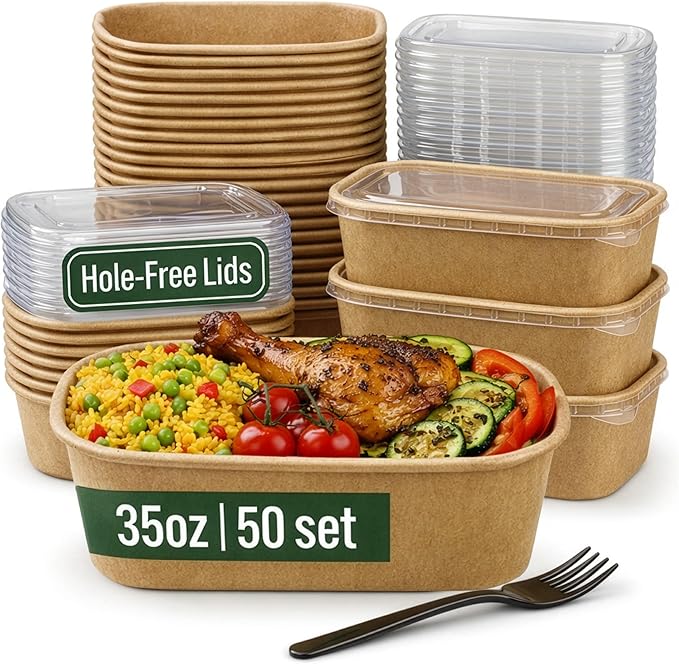 Leafiew 50 Pack 35Oz Disposable Meal Prep Containers With Lids - Microwave and Freezer Safe Kraft Paper Bowls with Lids and Forks - Disposable Food Containers - To Go Bowls for Food Prep and Salad