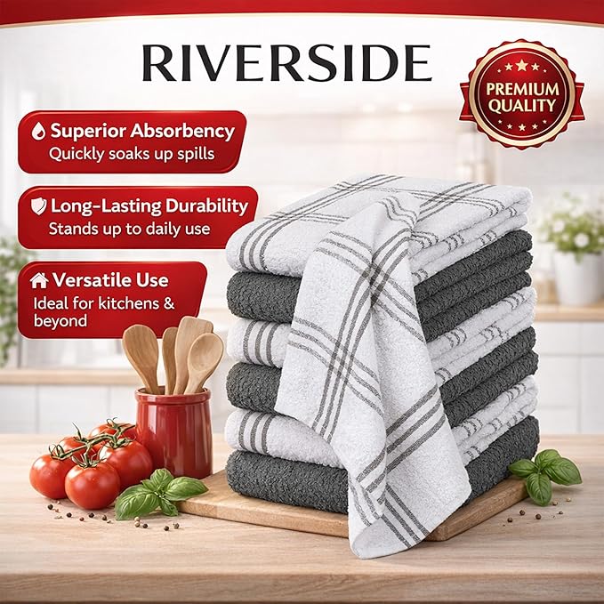 RIVERSIDE Pack of 12 Premium Kitchen Towels 16 x 26 Inches, 100% Cotton Kitchen Hand Towels, Super Soft and Highly Absorbent Dish Towels for Kitchen (Grey)