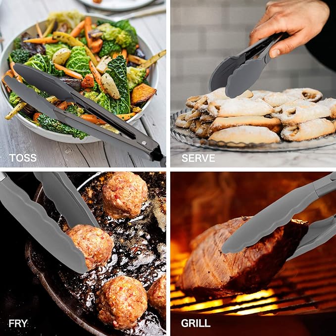 Country Kitchen Stainless Steel Silicone Tipped Kitchen Food BBQ and Cooking Tongs for Non Stick Cookware, BPA Fee, Stylish, Sturdy, Locking, Grill Tongs, Gunmetal, Tong and Whisk Set, Gray