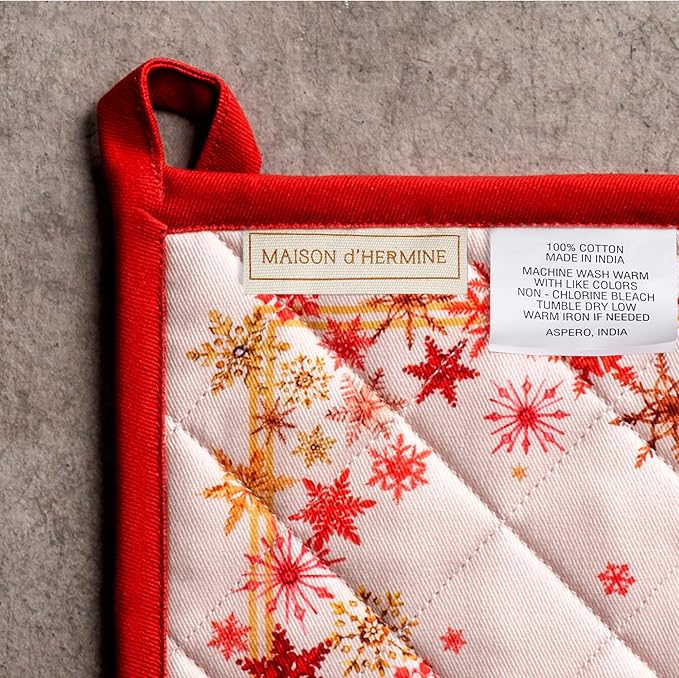 Maison d' Hermine 100% Cotton Oven Mitt & Pot Holder Set (7.5"x13" & 8"x8") Heat Resistant BBQ Cooking Gloves with Loop for Thanksgiving Christmas Decorations Handling Hot Pans (Crystal Star)
