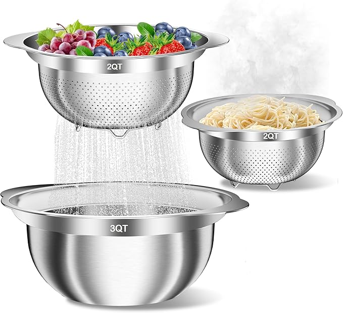 Stainless Steel Colanders with Mixing Bowl - 2.0QT & 2.0QT Strainer and Colander with Handle, 3.0QT Nesting Kitchen Bowl with Colander For Pasta, Vegetables, Fruit, Rice, 3PCS
