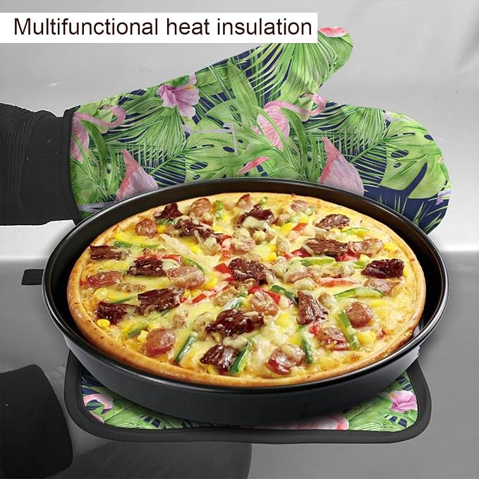 Watercolor Illustration Tropical Leaves Oven Mitts & Pot Holders Sets 2pcs Summer Pink Flamingo Decorative Kitchen Heat Resistant Non-Slip Hot Pad for Cooking Oven Gloves Baking BBQ