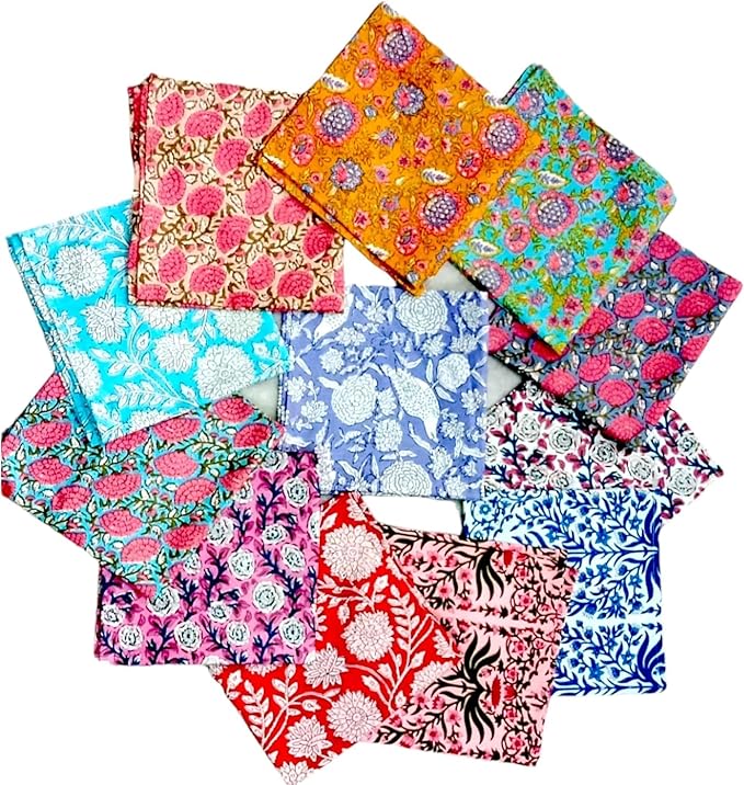 COTSILER Premium Handblock Cotton Napkin Set, Floral Print, Handmade Reuseable,Washable for Dinner, Event, Thanksgiving (Multicolor, 18x18 Inch-Set of 6)