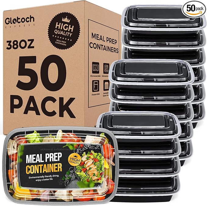 Meal Prep Containers 38oz-50 Pack (100-Piece) Reusable Large Food Storage Containers with Lids Microwave, Freezer, Dishwasher Safe - Leakproof & BPA Free Durable Plastic Bento Box for To Go Take Out