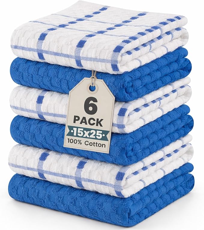 GOLD TEXTILES Kitchen Towels 6 Pack Premium 100% Cotton Dish Towels for Kitchen (15 x 25 Inches) Super Soft & Absorbent Kitchen Hand Towels for Drying Dishes, Cleaning - Reusable and Washable (Blue)