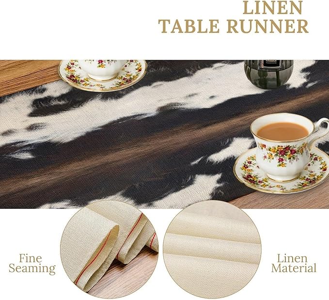 Cow Skin Print Table Runner, Rustic Cottage Country Farmhouse Animal Fur Skin Western Style Black Cowhide Print Dinner Runner for Home Kitchen Dining Table Decoration 13"x36"