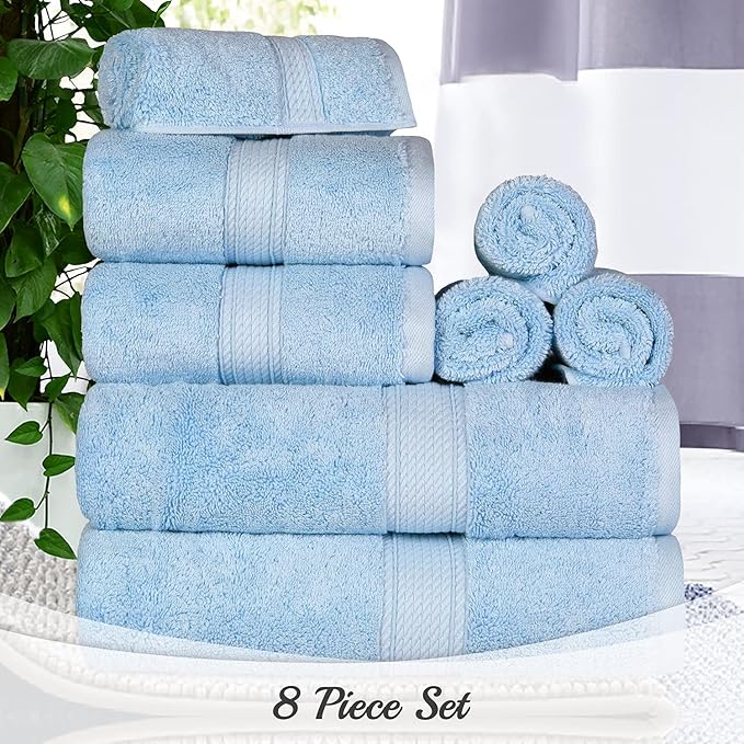 SUPERIOR Egyptian Cotton Pile 8 Piece Towel Set, Includes 2 Bath, 2 Hand, 4 Face Towels/Washcloths, Ultra Soft Luxury Towels, Thick Plush Essentials, Guest Bath, Spa, Hotel Bathroom, Light Blue